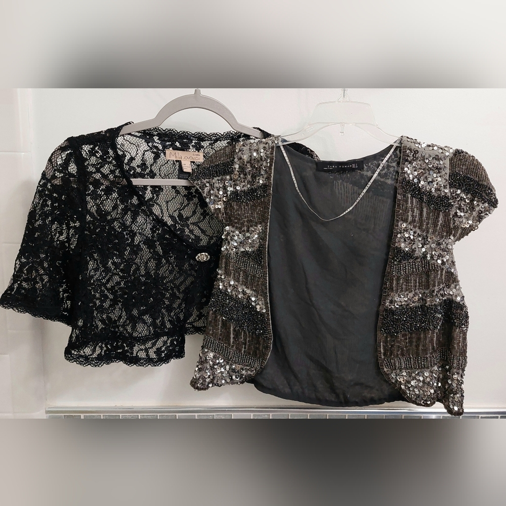 ZARA MNG Silver Gray Bead Sequin Black Lace Evening Bolero Jackets Tops lot of 2